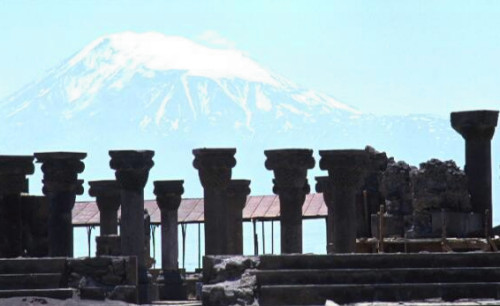 The ruins of Zvartnots with Mount Ararat's peak in the background